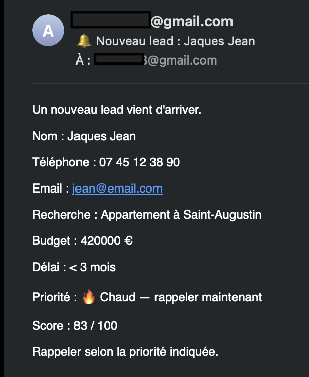 Alerte email reçue par l'agent